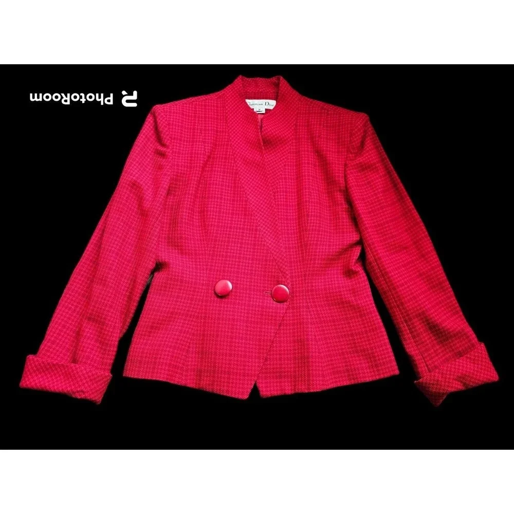 Christian Dior Vintage Houndstooth Red Plaid Pure Wool Skirt Suit Set Size 8